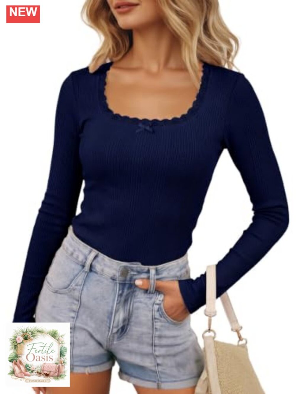 Women's Long Sleeve Lace Square Neck Bow Knot Ribbed Slim Fit Tee